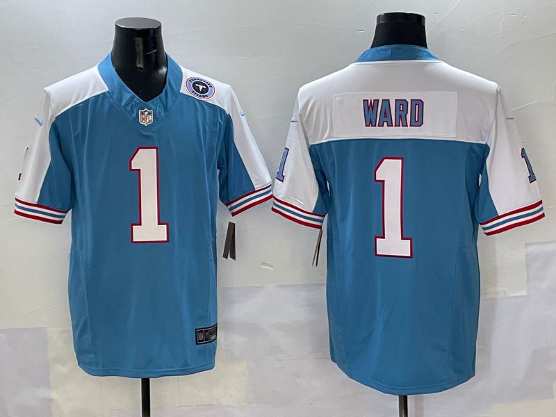 Men 2025 Tennessee Titans 1 Ward Light Blue white Throwback Three generations Nike Limited NFL Jersey style 1